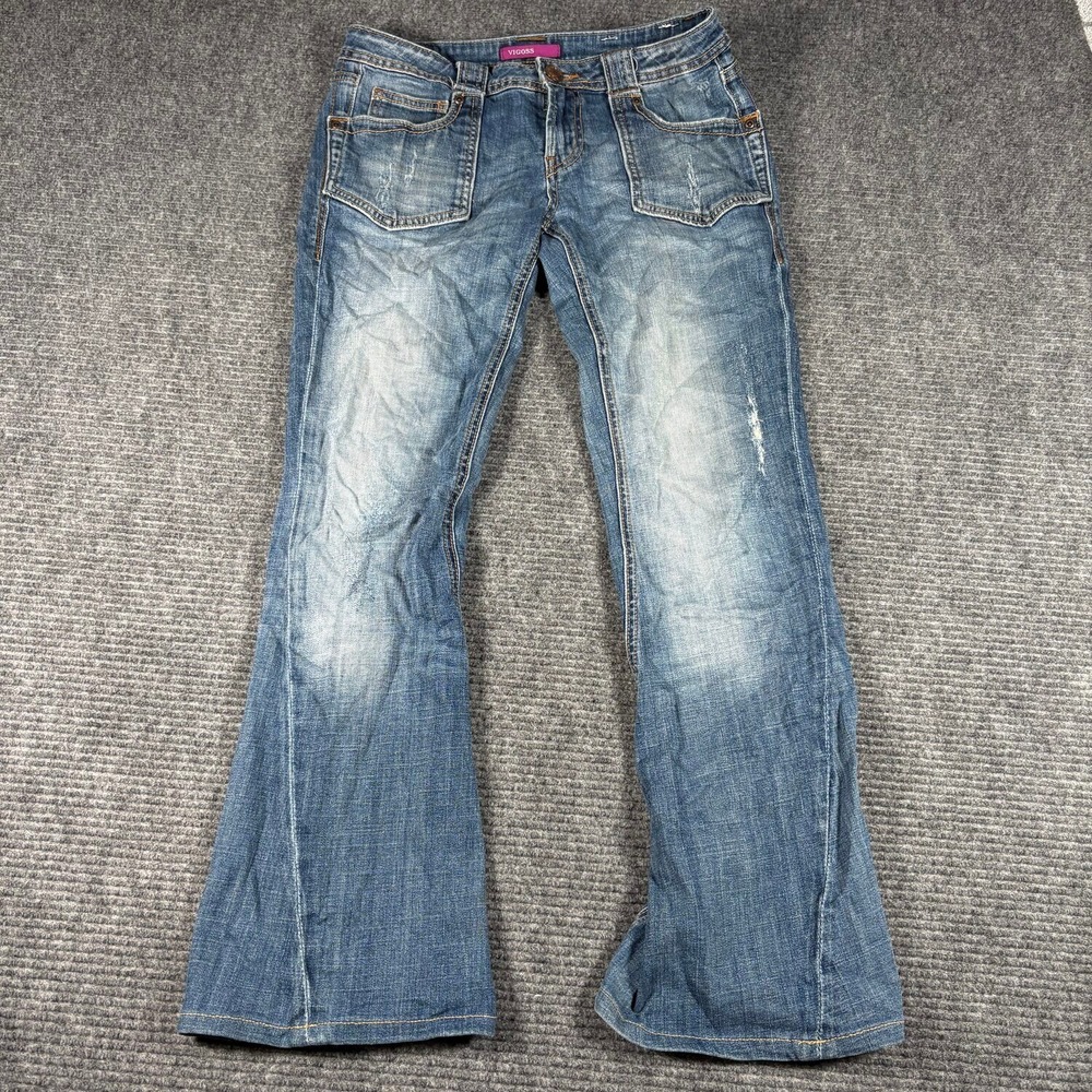 Vigoss Flare Jeans Womens 7 Blue Good Low Rise Flap Pocket Contrast Stitch Dist